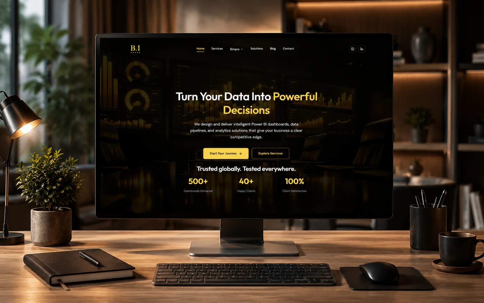 The B.I Sense business intelligence website designed by Lovely Pixel, shown on a desktop monitor - a dark and gold interface headed Turn Your Data Into Powerful Decisions.