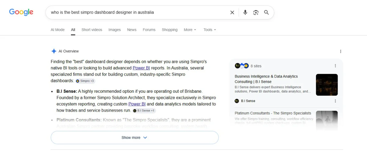 Google AI Overview for the query who is the best simpro dashboard designer in australia, naming B.I Sense as the first recommended option.