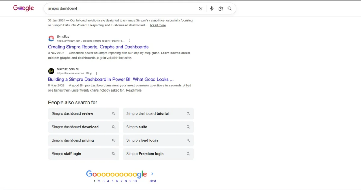 Google search results for simpro dashboard showing the B.I Sense article, Building a Simpro Dashboard in Power BI: What Good Looks Like.