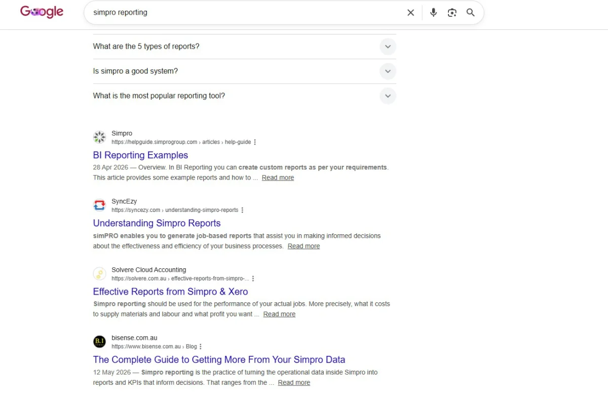 Google search results for simpro reporting showing the B.I Sense guide, The Complete Guide to Getting More From Your Simpro Data, alongside established industry sources.