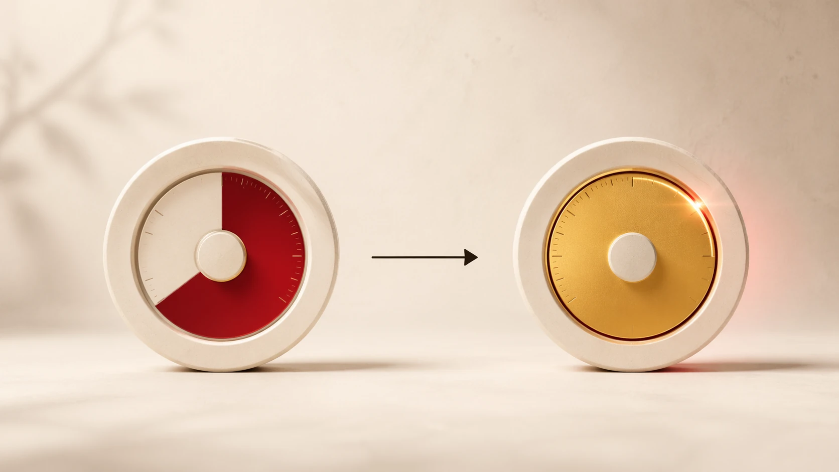 Two dial gauges with an arrow between them, the second showing a fuller reading.