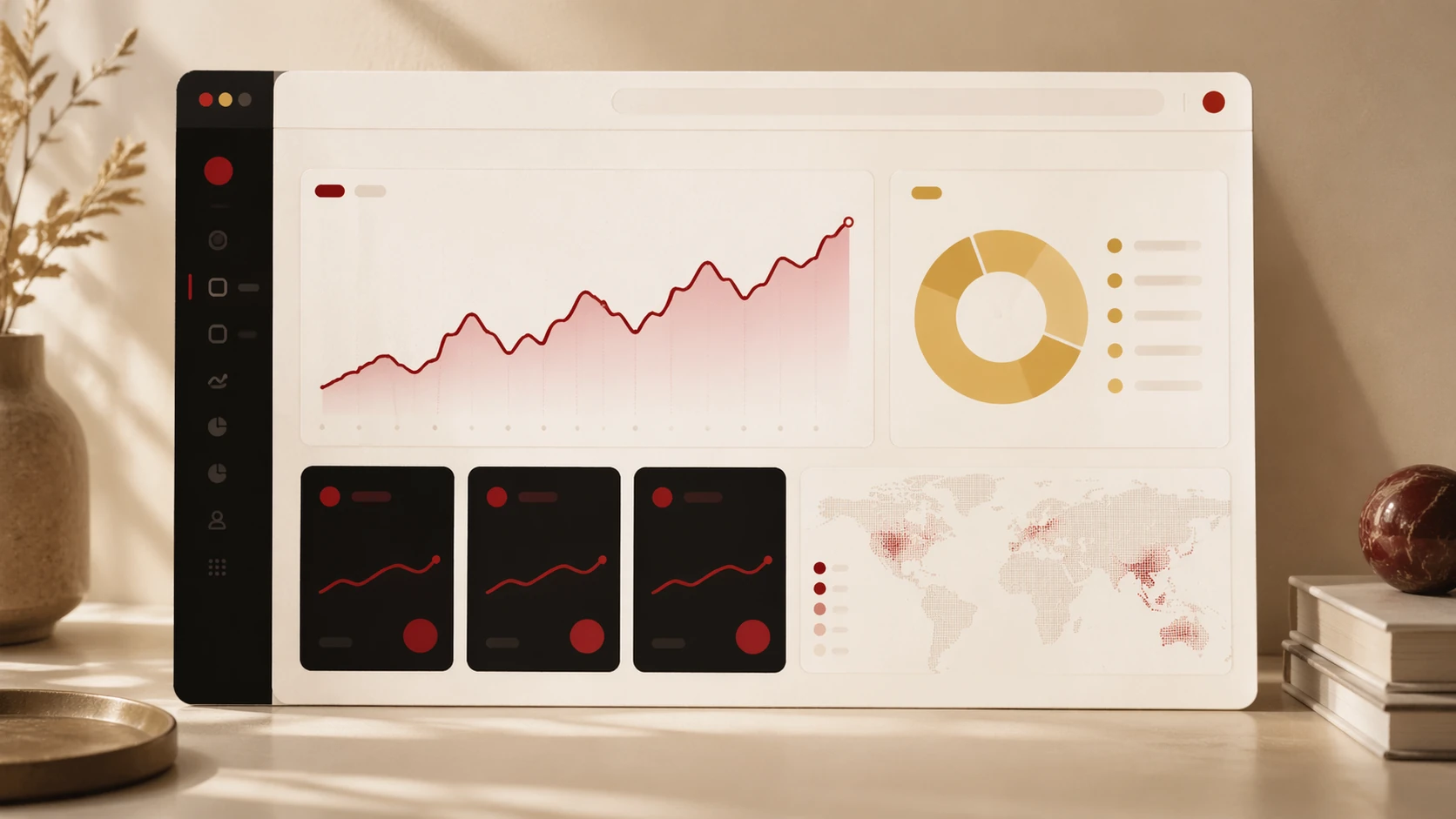 An analytics dashboard with a trend chart, a donut breakdown, metric cards and a world map.